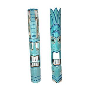 Set of 2 Aqua Wood Tiki Wall Sculptures 39 in Hand Carved Distressed Masks